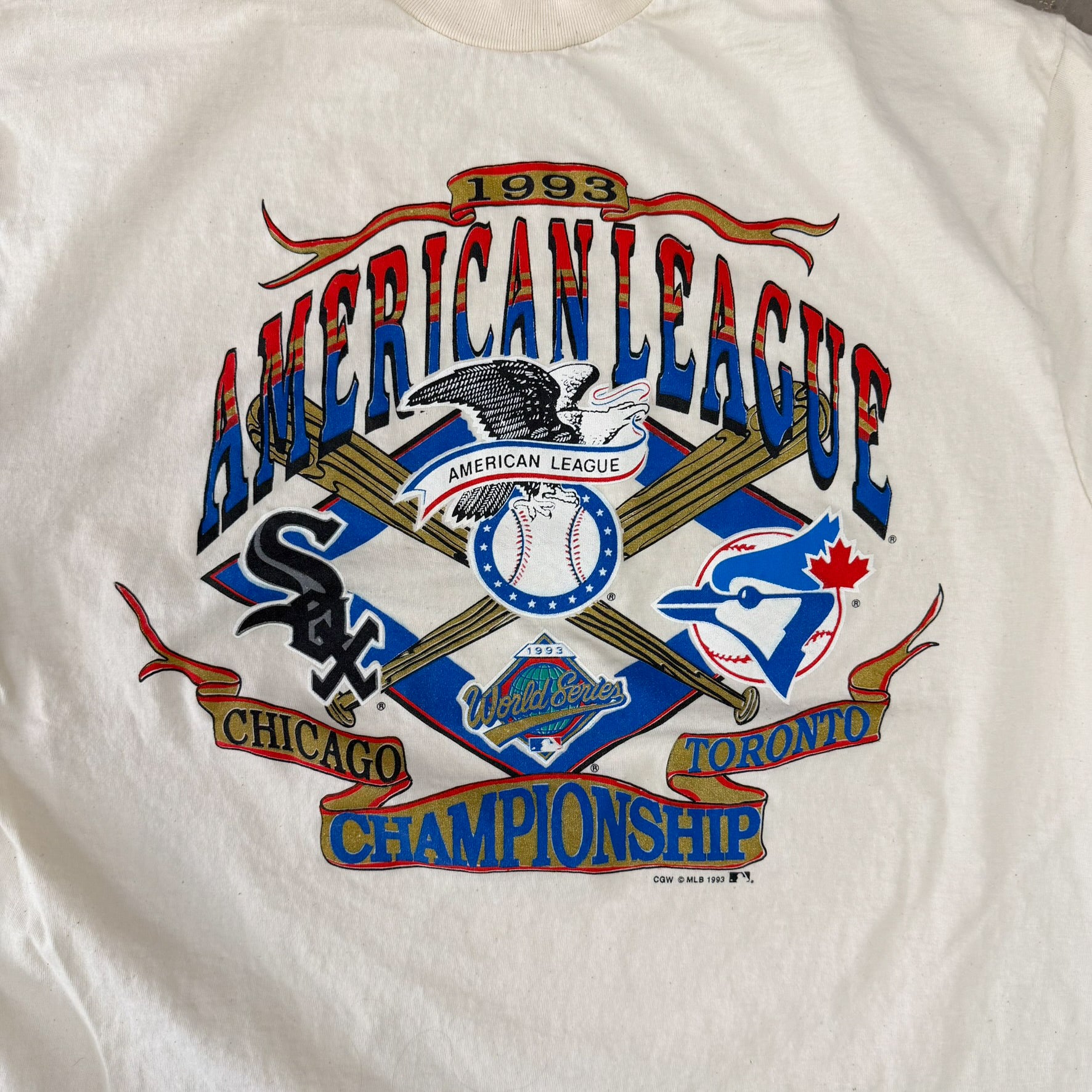 F- Vintage '93 Blue Jays Vs White Sock AL Championship MLB Waves Single Stitch Tee