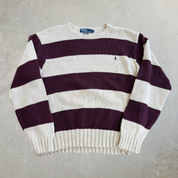 J- Vintage 90s Polo RL Embroidered Logo Maroon/Beige Striped Knit Sweater - L