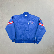F- Vintage Buffalo Bills NFL Starter Logo Patch Satin Bomber Jacket