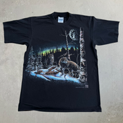 J- Vintage '93 Wolves In Winter Forest & Moon Graphic Single Stitch Gildan Heavy Weight Tag Tee - M