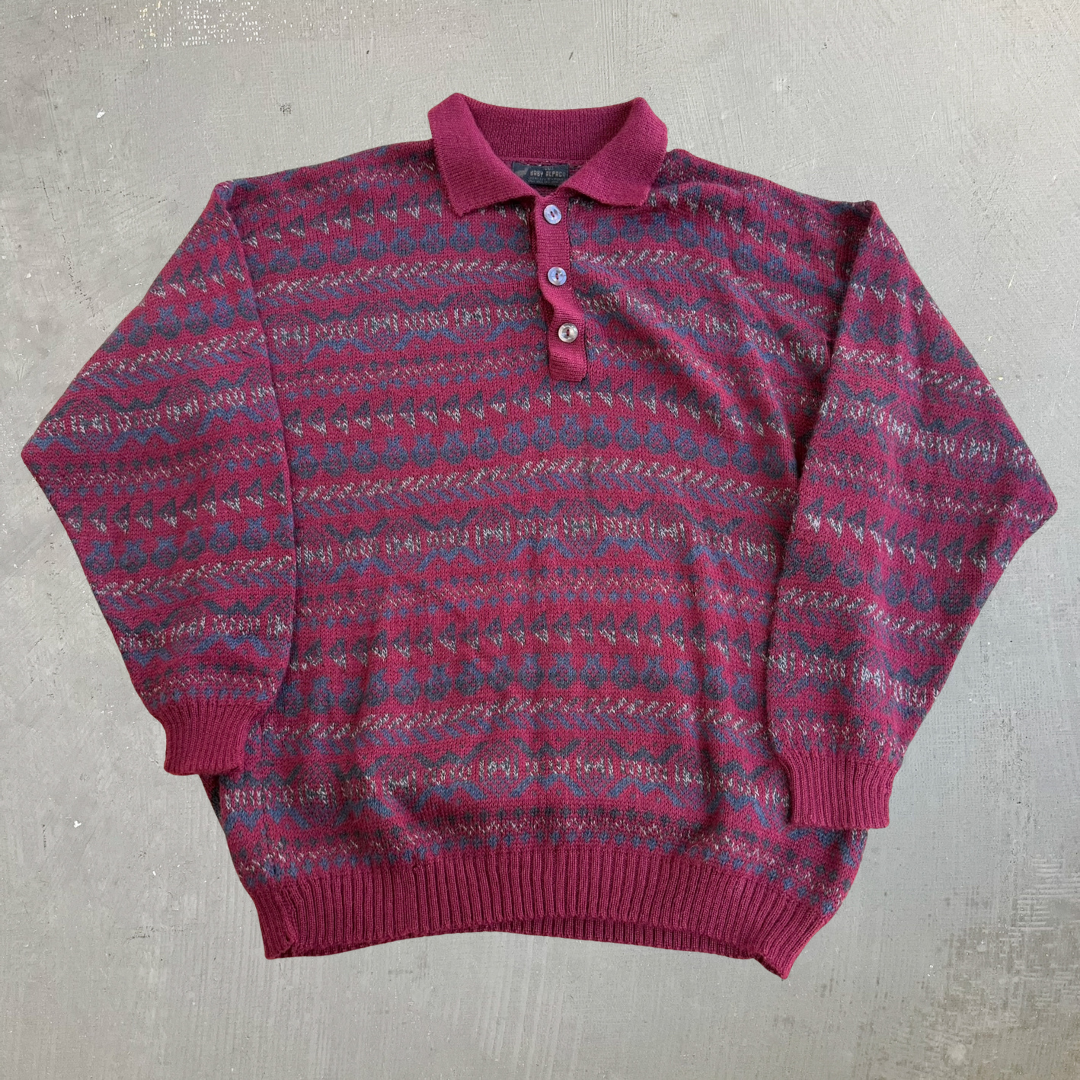 J- Vintage Baby Alpaca Patterned Henley Knit Sweater - L
