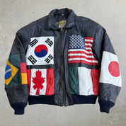 Vintage Phase 2 Embroidered World Flags Zip Up Leather Jacket - S