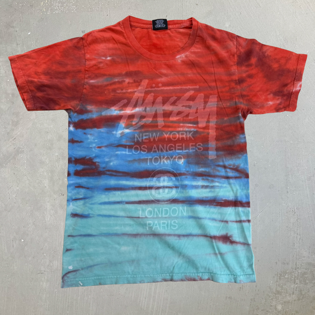 J- Vintage Stussy Cities Text Graphic Tie Dye Tee - S