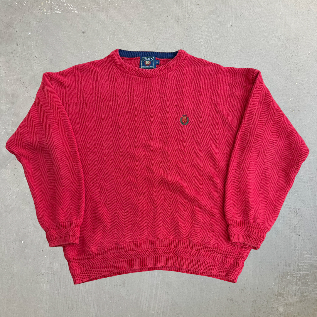 J- Vintage Chaps RL Embroidered Crest Red Knit Sweater - XL