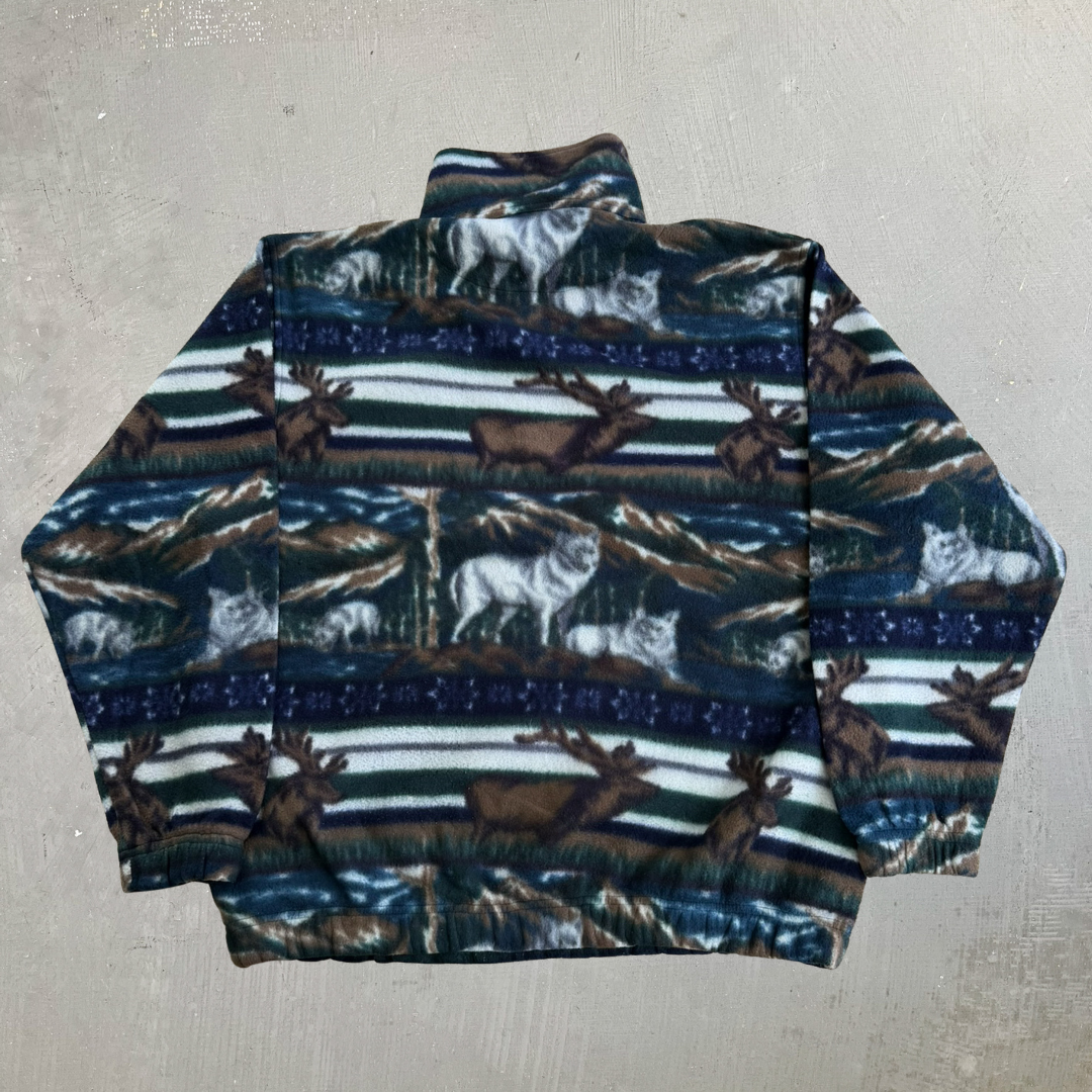 J- Vintage Daniel David Wolves & Moose All Over Print Quarter Zip Polar Fleece - XL