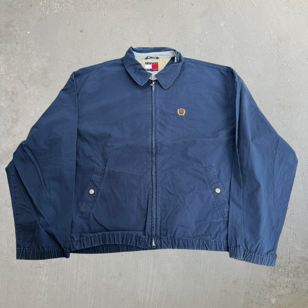 J- Vintage Tommy Hilfiger Embroidered Crest Navy Harrington Lightweight Jacket - XL