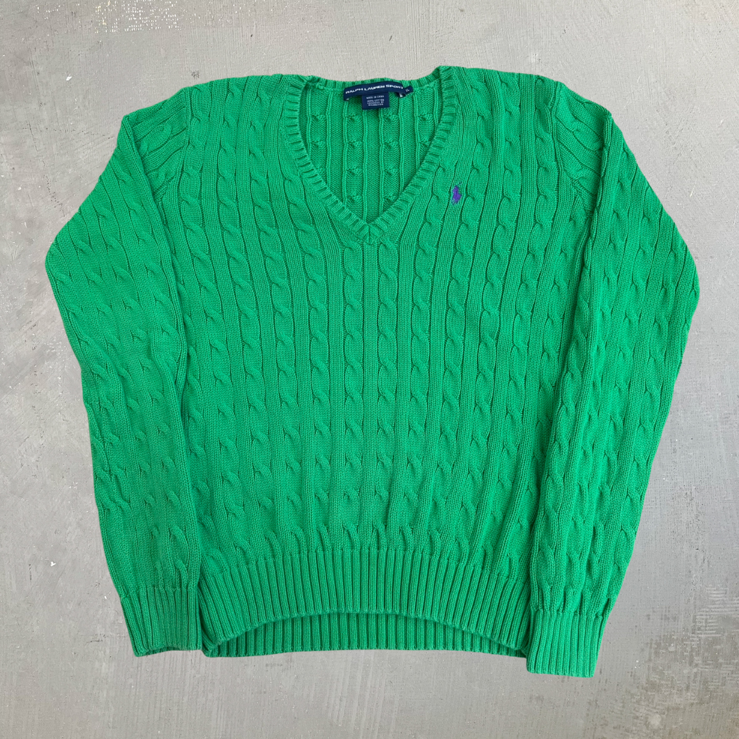 Vintage Women's Polo Sport RL Embroidered Logo Green Cotton Knit Sweater - Women's XL
