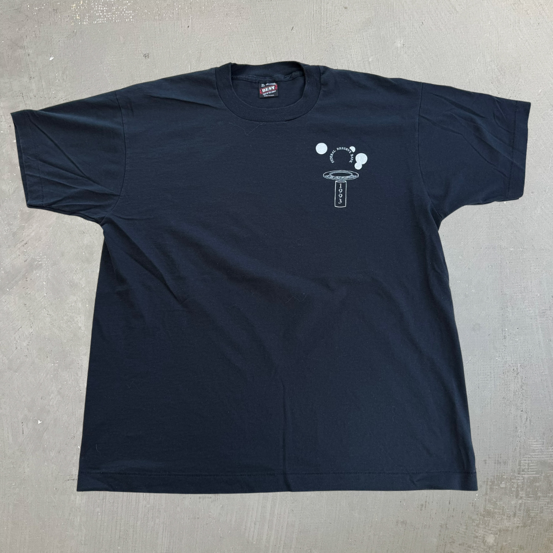 J- Vintage '93 Federal Reserve Bank Softball Tournament Graphic Made In USA Text Single Stitch Tee - XL