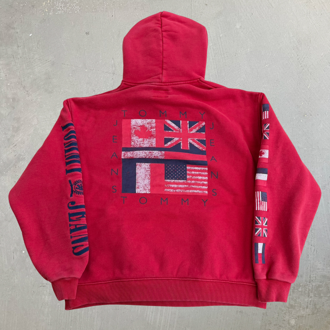 J- Vintage 90s Tommy Hilfiger Jeans Embroidered Text & Logo Hoodie - L