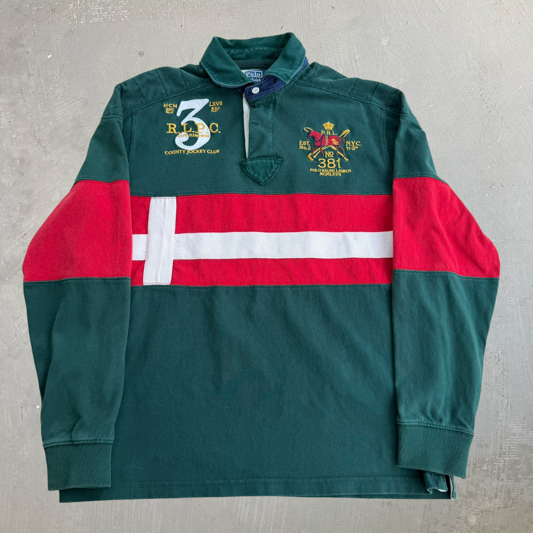 J- Vintage Polo Ralph Lauren County Jockey Club Embroidered Text Rugby Shirt - L