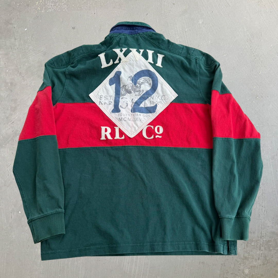 J- Vintage Polo Ralph Lauren County Jockey Club Embroidered Text Rugby Shirt - L