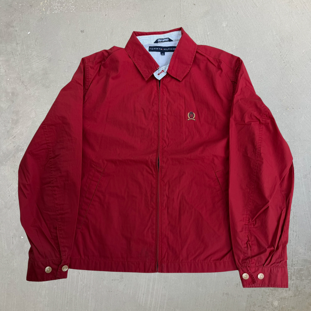 J- Vintage Tommy Hilfiger Embroidered Crest Red Harrington Lightweight Jacket - M