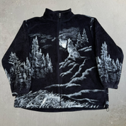 J- Vintage Art Unlimited Wolf & Moon All Over Print Made In USA Zip Up Polar Fleece - XL