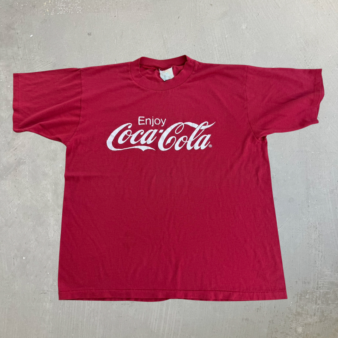 J- Vintage Enjoy Coca-Cola Text Made In USA Single Stitch Tee - L