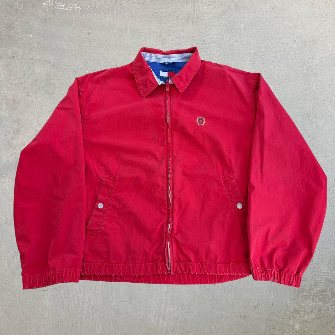 J- Vintage Tommy Hilfiger 90's Embroidered Crest Red Harrington Zip Up Jacket - L