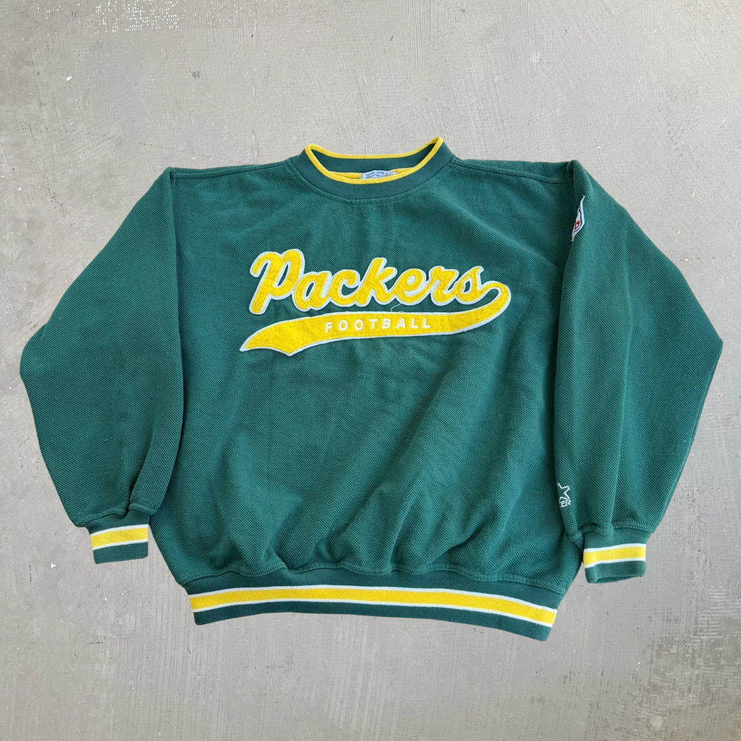 J- Vintage Green Bay Packers NFL Starter Chenille Embroidered Text Crewneck - L