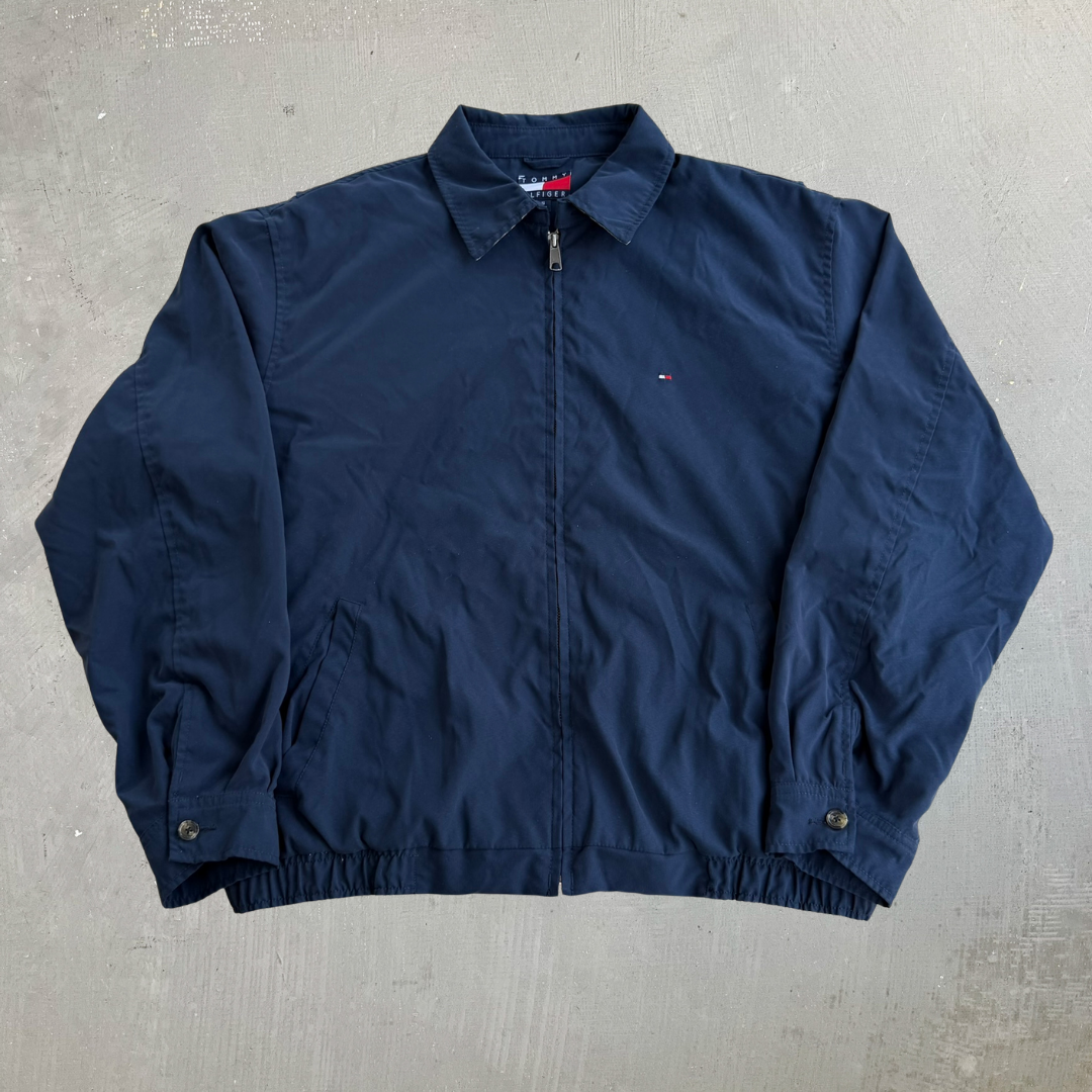 J- Vintage Tommy Hilfiger Embroidered Logo Navy Harrington Jacket - L