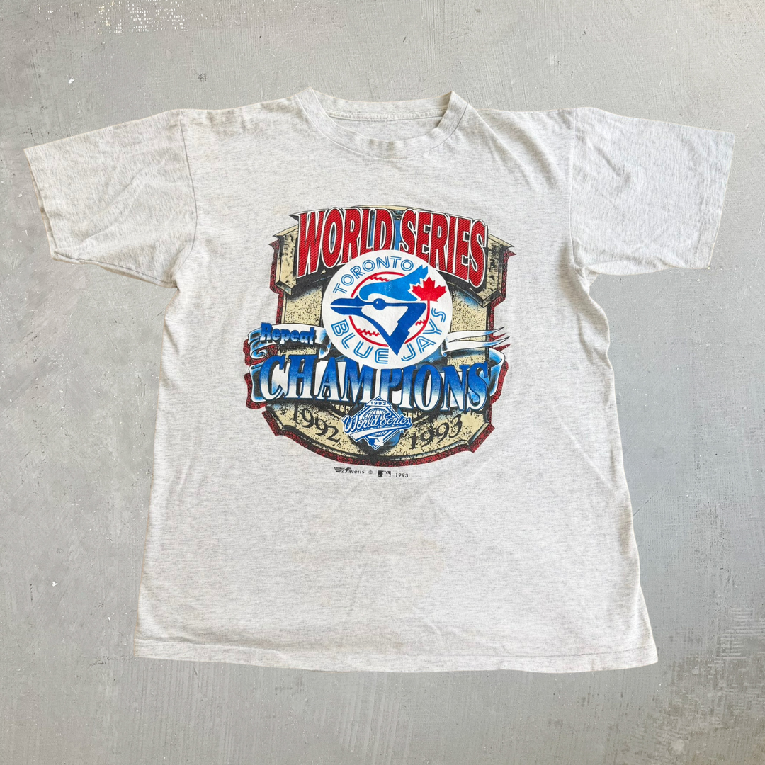 J- Vintage '93 Toronto Blue Jays MLB World Series Champions Graphic Single Stitch Tee - L