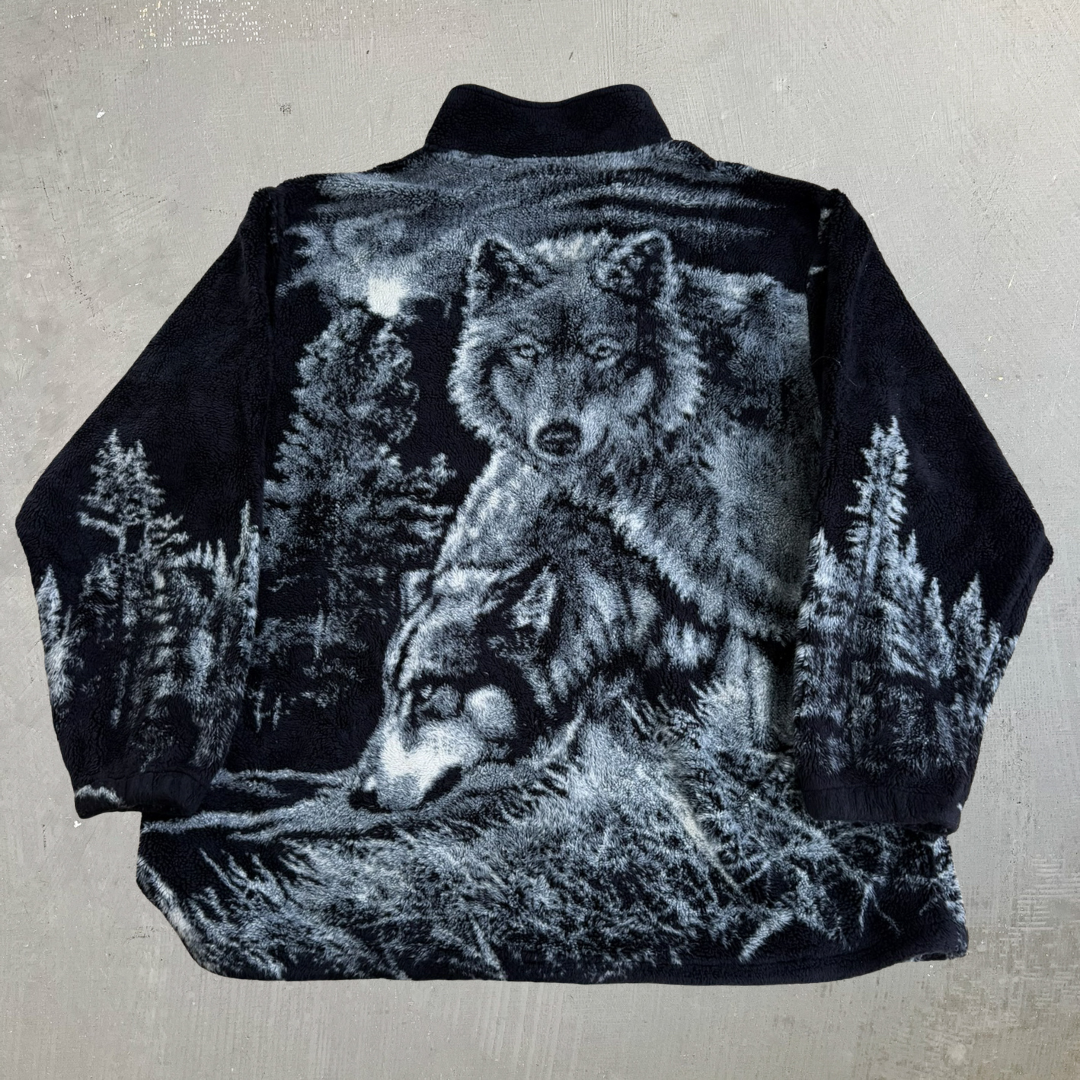 J- Vintage Art Unlimited Wolf & Moon All Over Print Made In USA Zip Up Polar Fleece - XL