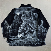 J- Vintage Art Unlimited Wolf & Moon All Over Print Made In USA Zip Up Polar Fleece - XL