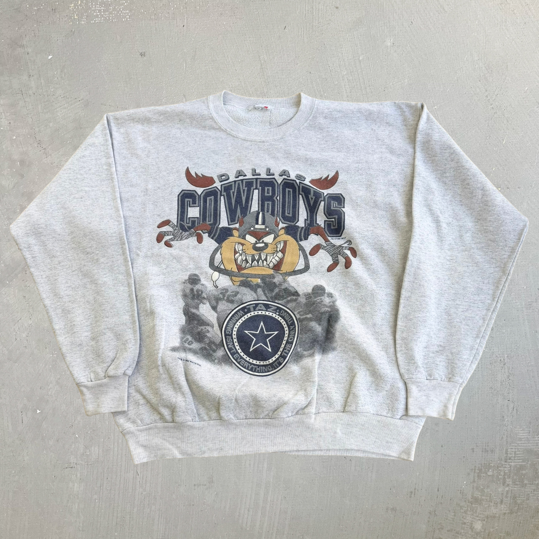 J- Vintage '92 Dallas Cowboys NFL Tazmanian Devil Looney Tunes Made In USA Crewneck - L