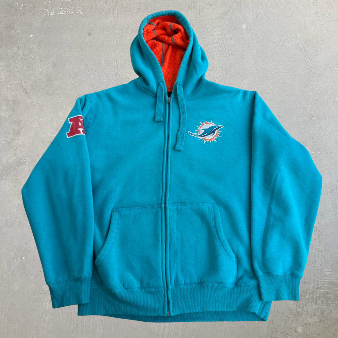 J- Vintage Miami Dolphins NFL Embroidered Logo & Text Sherpa Lined Zip Up Hoodie - XL