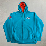 J- Vintage Miami Dolphins NFL Embroidered Logo & Text Sherpa Lined Zip Up Hoodie - XL
