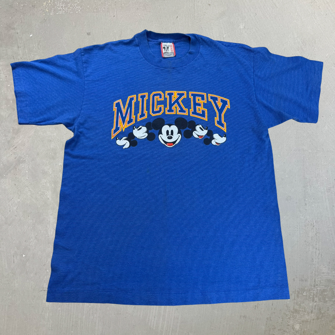 J- Vintage Disney Mickey Mouse Text & Graphic Made In USA Single Stitch Tee - L/XL