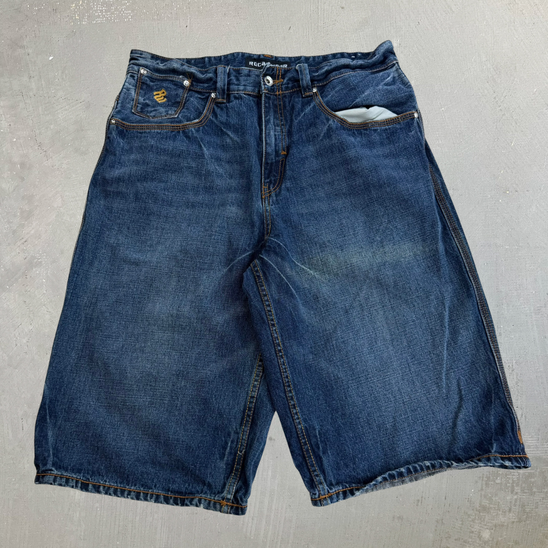 J- Vintage Rocawear Embroidered Logo Denim Jorts - 36 waist 14.5 inseam