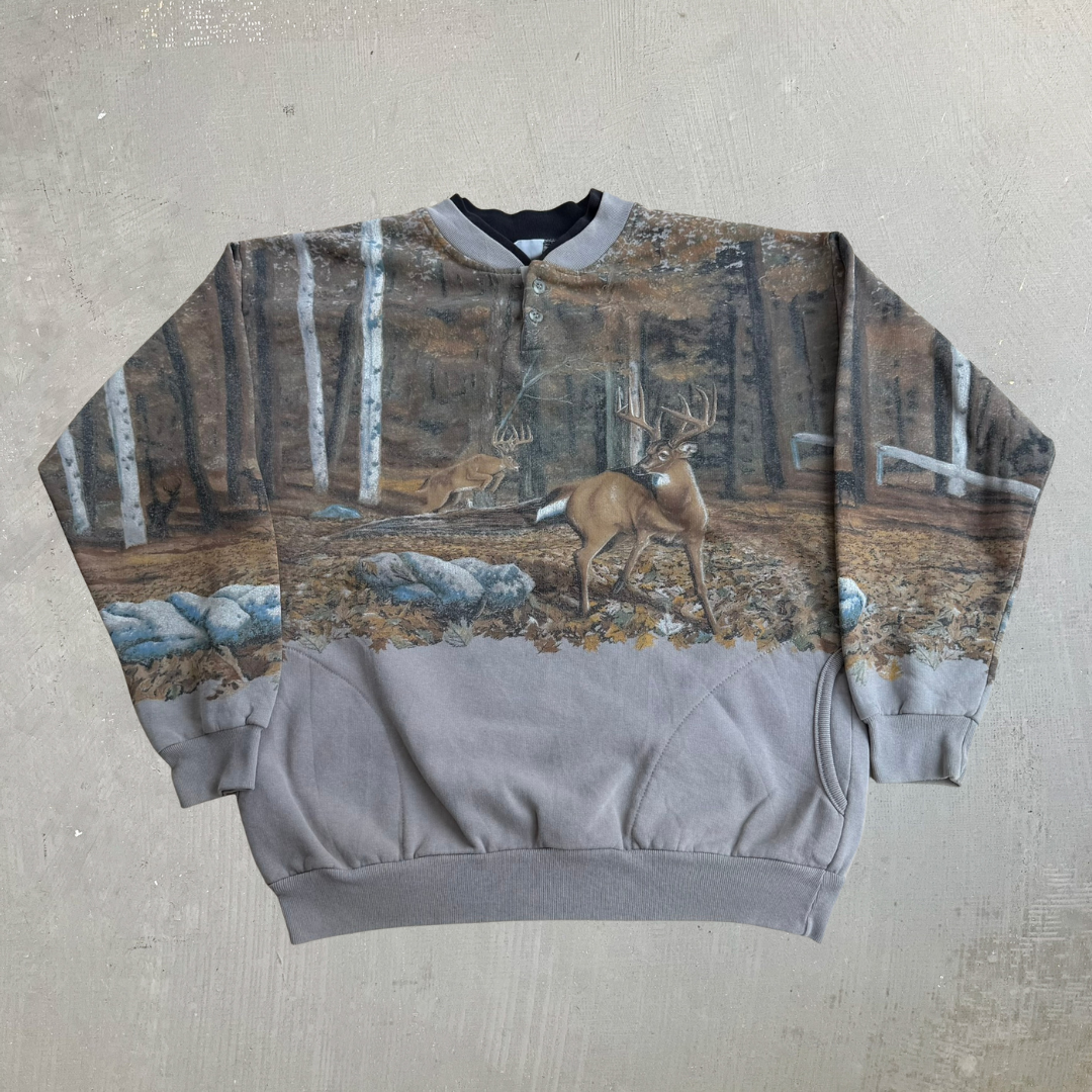 J- Vintage Artisan Design Deers All Over Print Made In USA Henley Crewneck - M