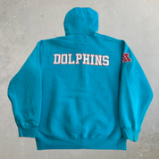 J- Vintage Miami Dolphins NFL Embroidered Logo & Text Sherpa Lined Zip Up Hoodie - XL