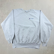J- Vintage Champion Reverse Weave Embroidered Text  Logo Grey Crewneck - XL