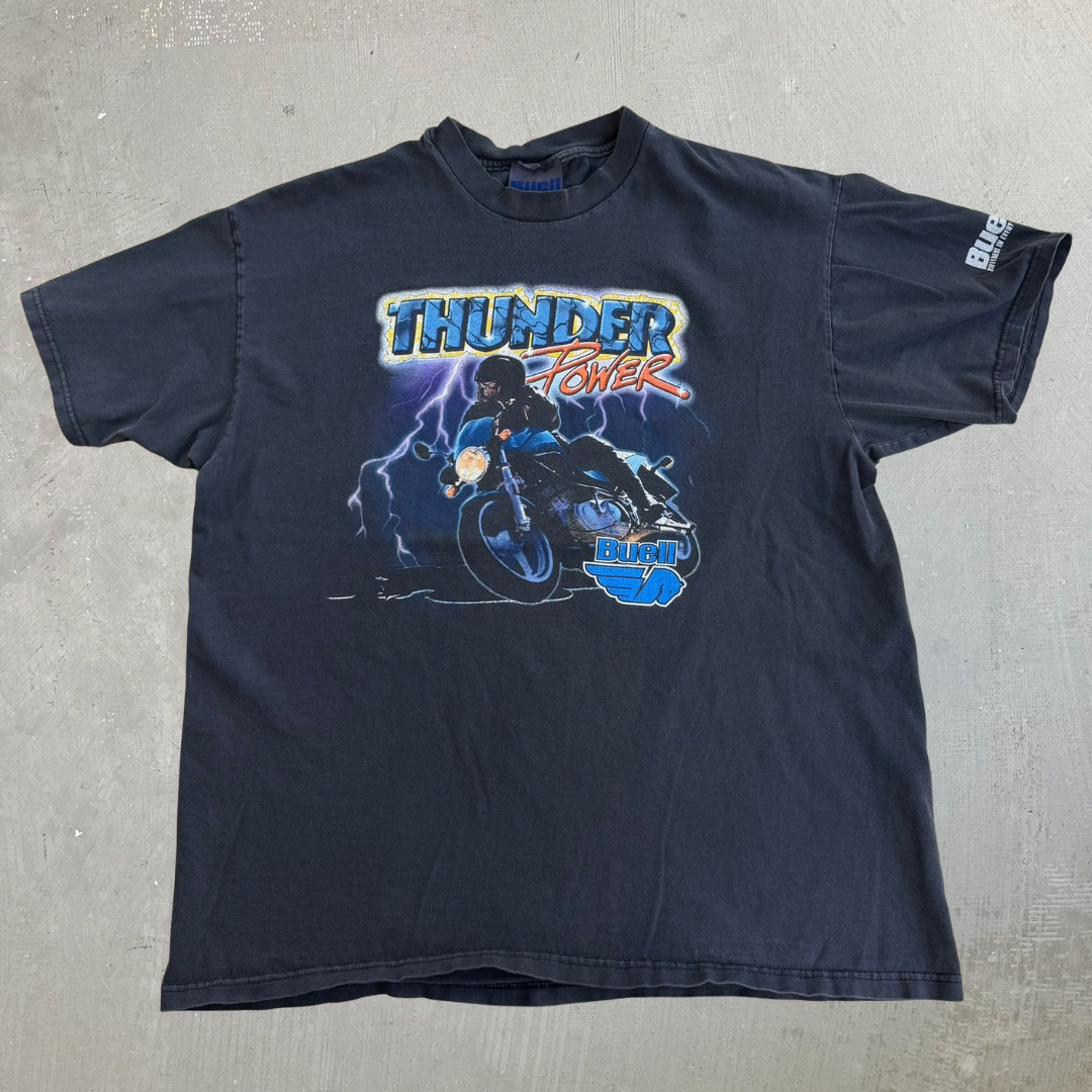 Vintage '98 Bluell & Harley Davidson Thunder Power Motorcycle Graphic Tee - XL