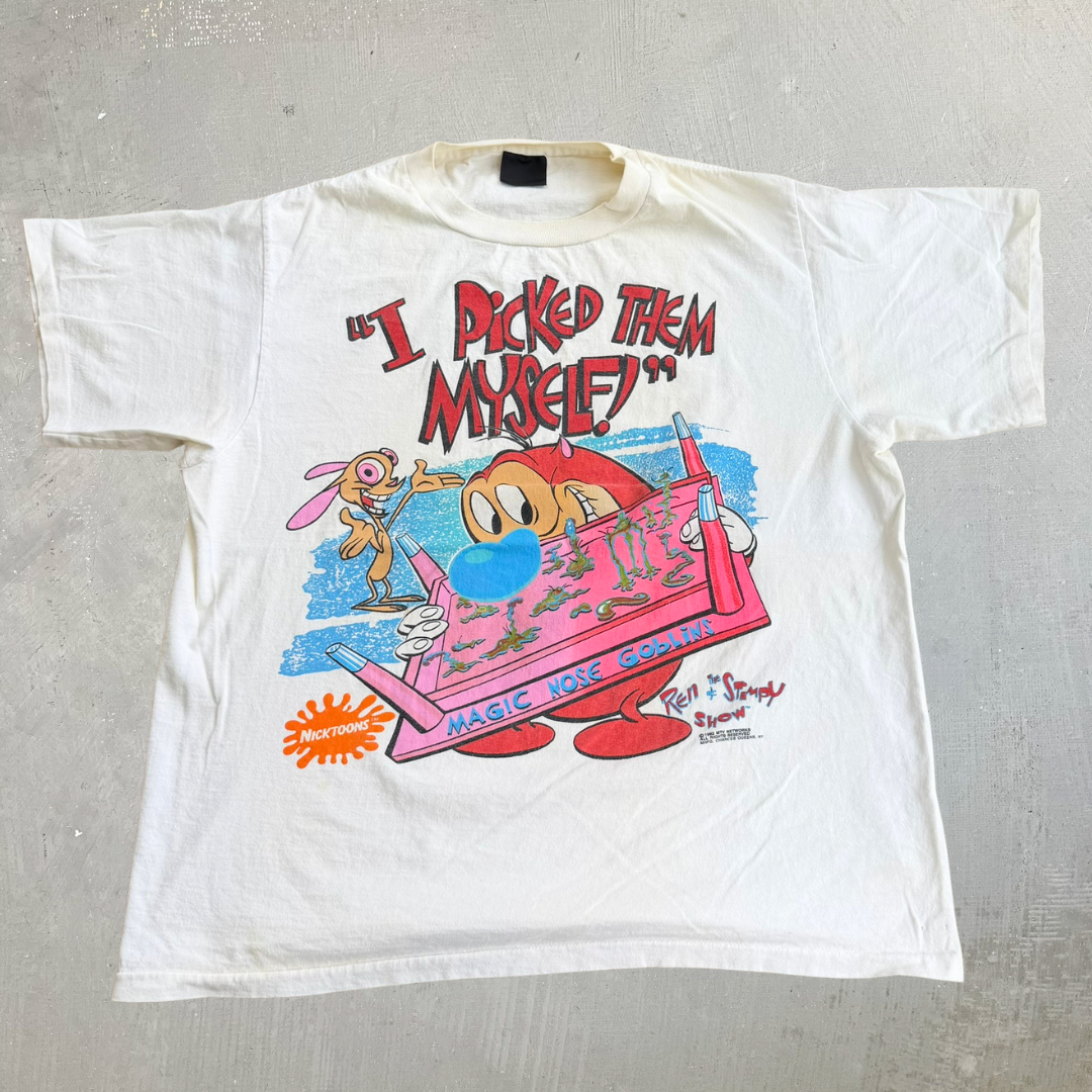 J- Vintage '92 Ren & Stimpy Show Magic Nose Goblins Graphic Single Stitch Tee - L