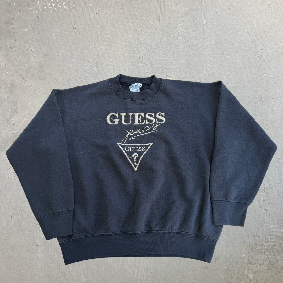 J- Vintage 90s Guess Jeans Embroidered Text & Logo Made In USA Crewneck - M