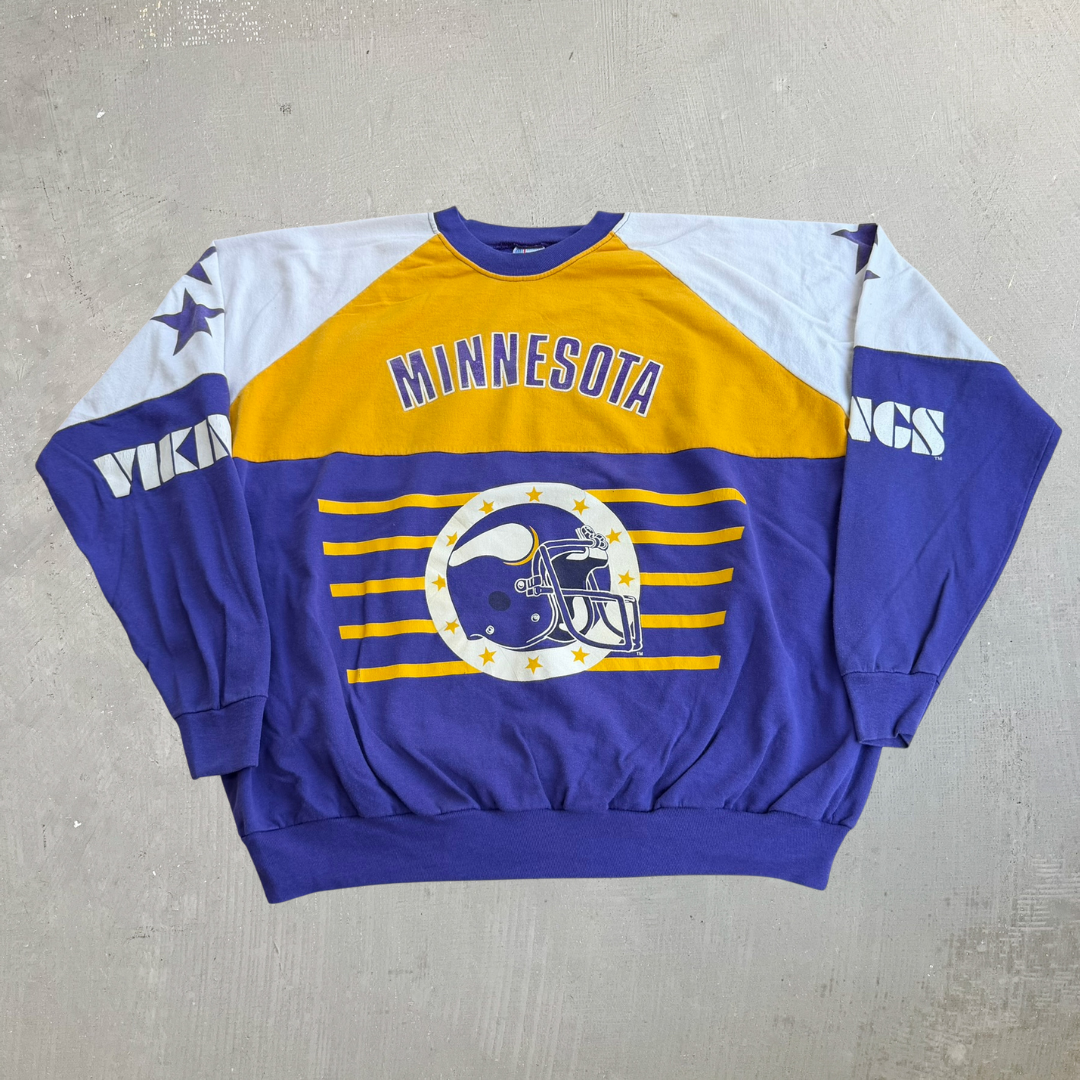 J- Vintage Minnesota Vikings NFL Logo & Text Made In USA Crewneck - 3XL