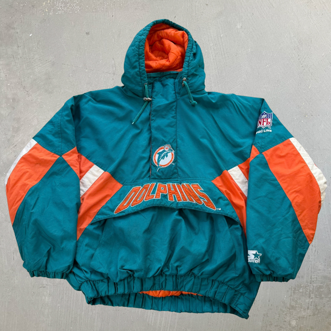 J- Vintage 90s Miami Dolphins NFL Starter Anorak Pullover Winter Jacket - XL