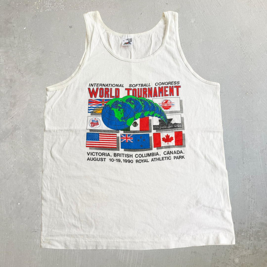 J- Vintage '90 International Softball Congress World Tournament Victoria BC Graphic Single Stitch Tank Top - L