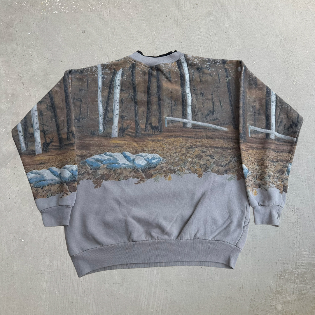 J- Vintage Artisan Design Deers All Over Print Made In USA Henley Crewneck - M