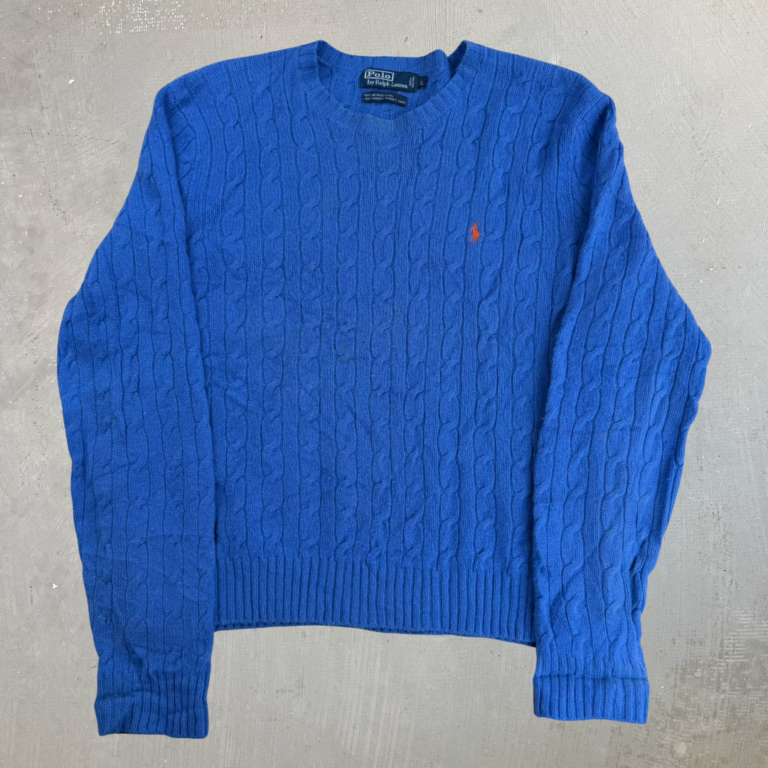 Vintage 90s Polo RL Embroidered Logo Baby Blue Marino Wool Knit Sweater - L