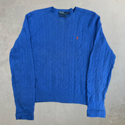 Vintage 90s Polo RL Embroidered Logo Baby Blue Marino Wool Knit Sweater - L