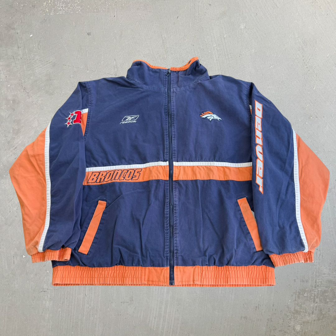 J- Vintage Denver Broncos NFL Reebok Embroidered Logo Zip Up Jacket - XL