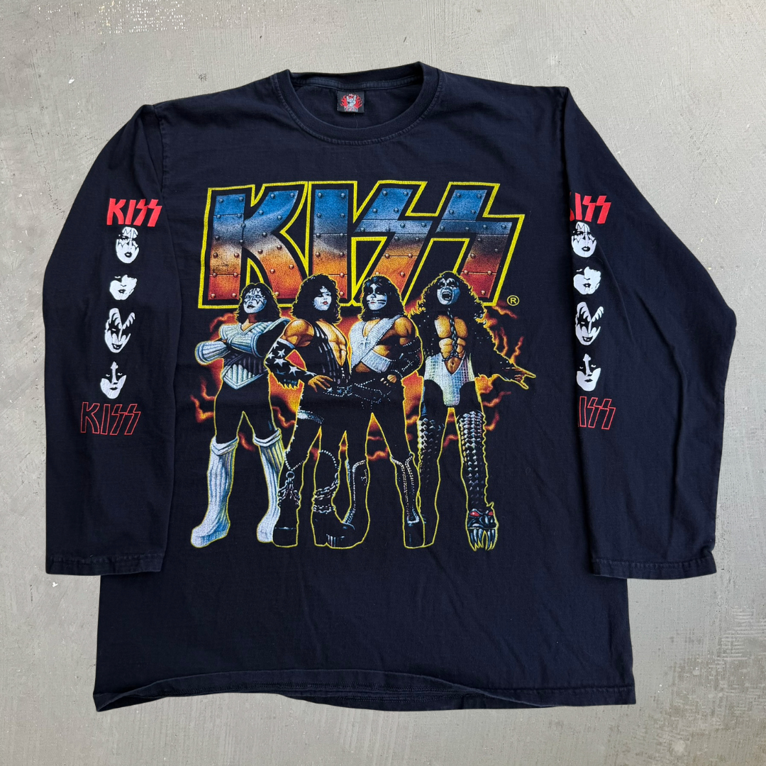 J- Vintage Kiss Bootleg Text & Graphic Yeah Rock Tag Long Sleeve Tee - XL