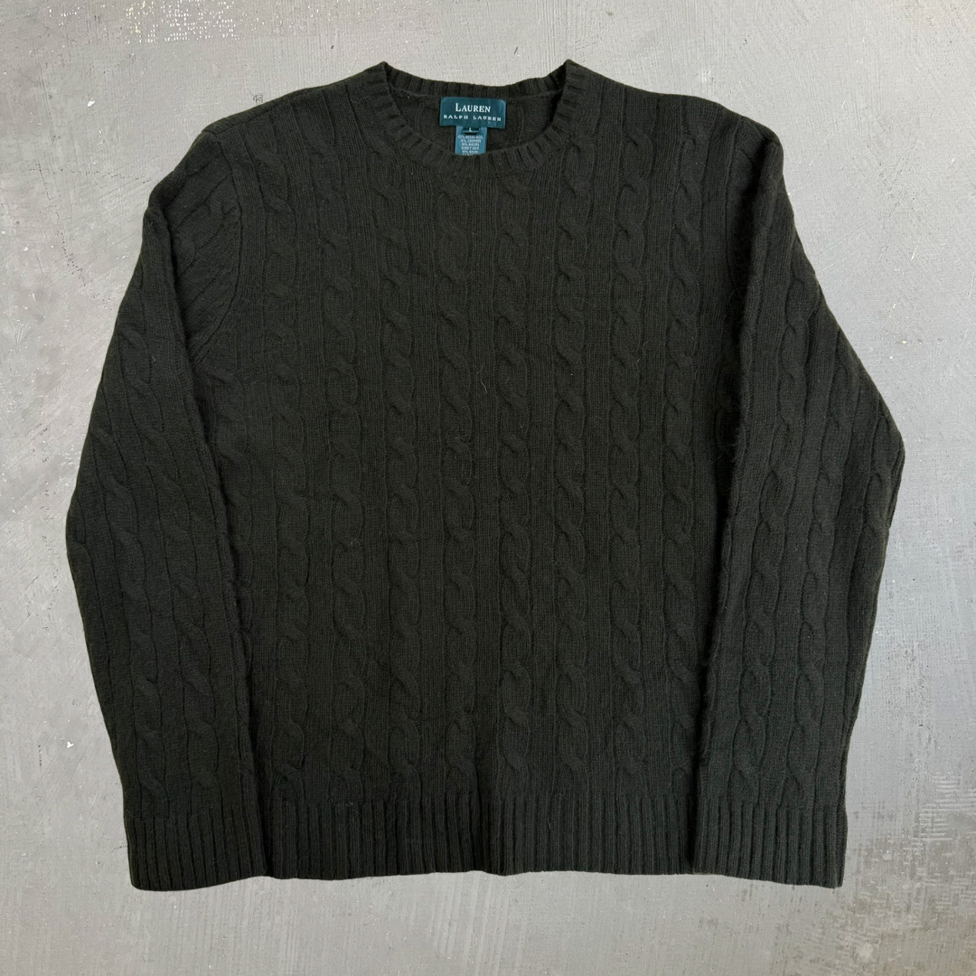 Vintage 90s Women's Lauren RL Olive Green Marino Wool Knit Sweater - Women's L