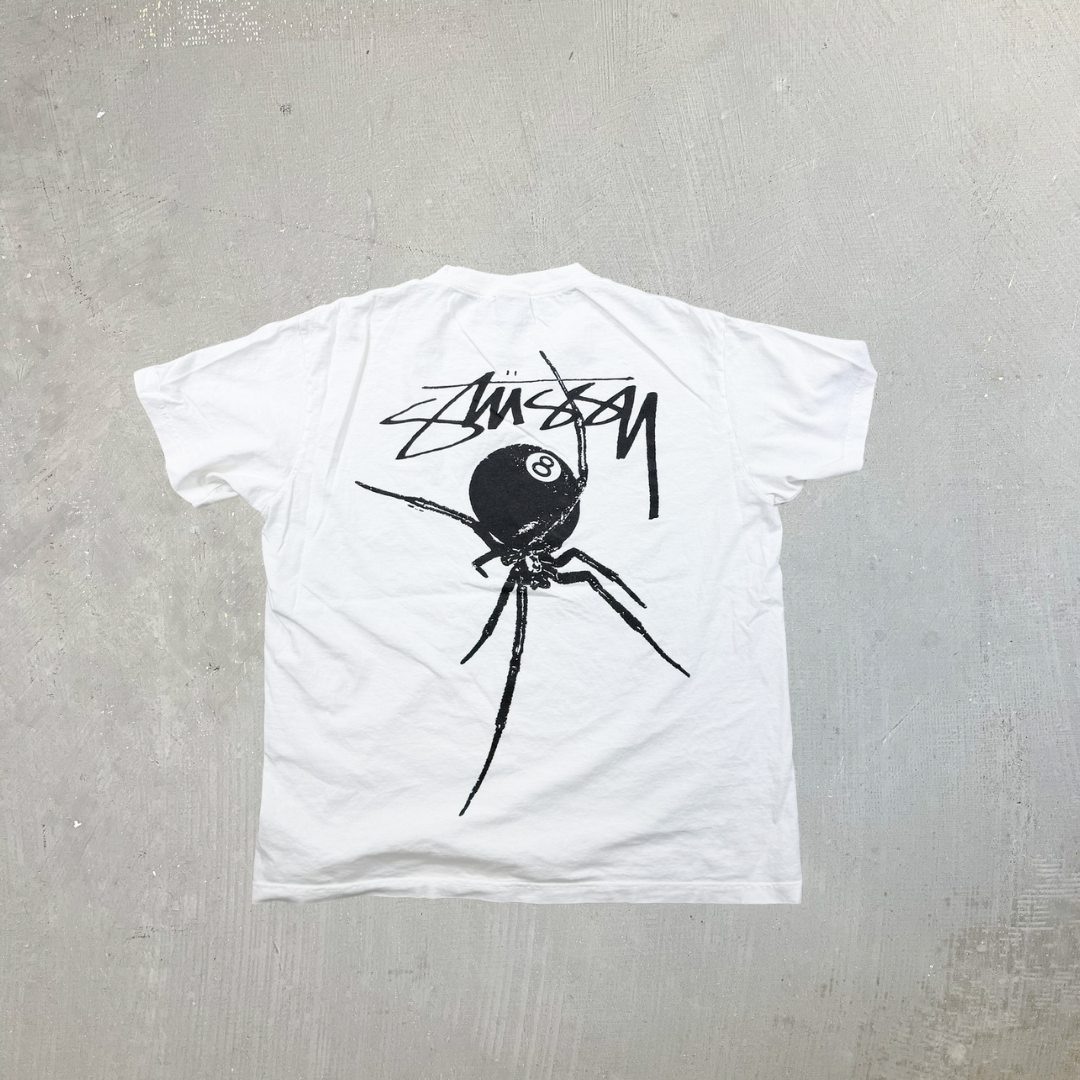 F- Vintage Stussy 8 Ball Spider Graphic Made In USA Tee