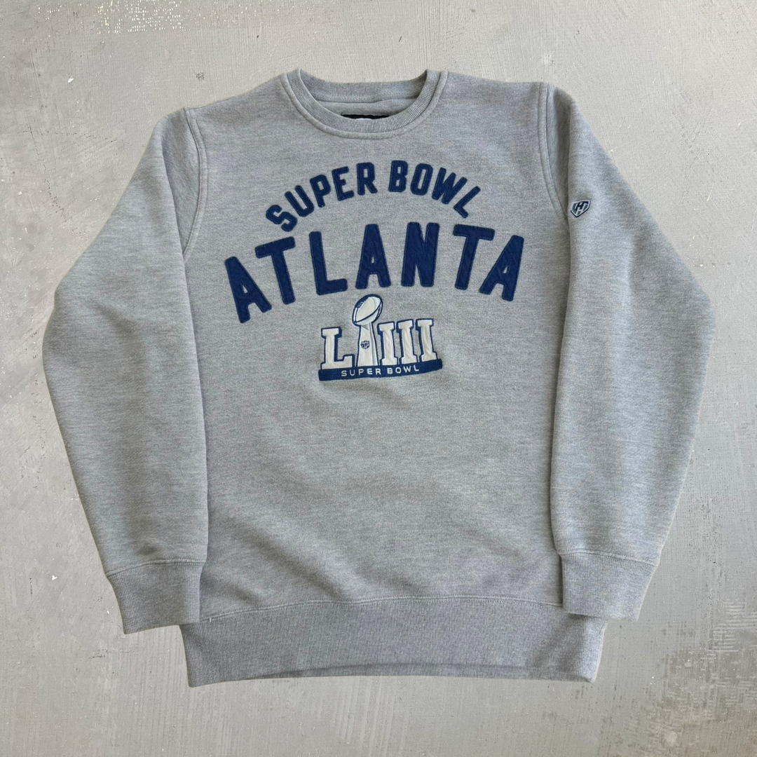 J- 2019 NFL Atlanta Super Bowl 53 Embroidered Text Graphic Crewneck - M