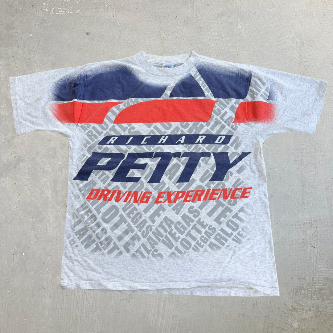 J- Vintage 90s Richard Petty Driving Experience All Over Print Made In USA Single Stitch Tee - L