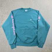 J- Vintage Champion Reverse Weave Embroidered Logo Teal Crewneck - M