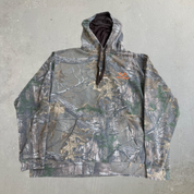 J- Vintage Real Tree Camo Orange Logo Brown Drawstrings Hoodie - XL
