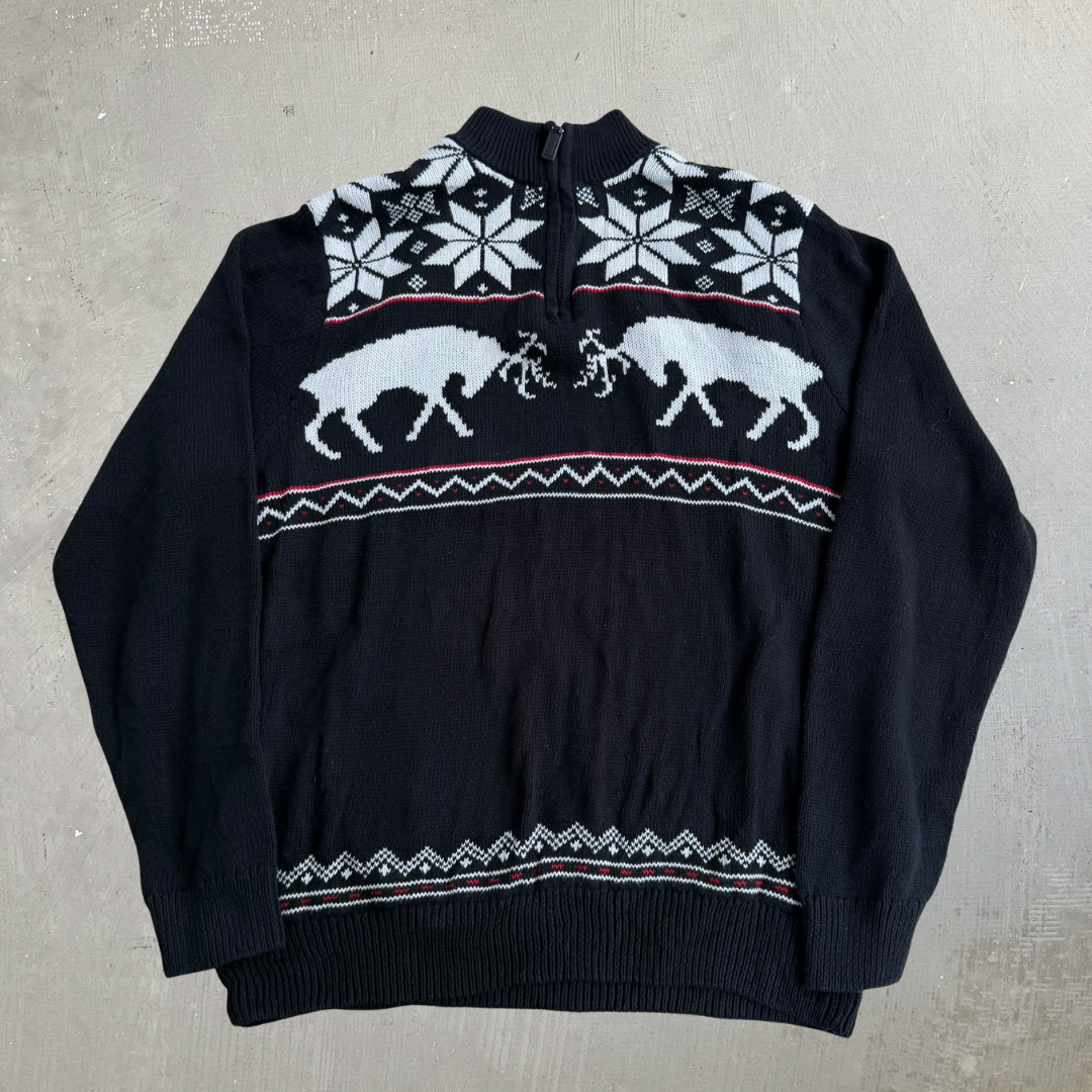 J- Vintage Chaps RL Deer Black Quarter Zip Knit Sweater - L